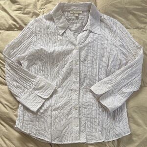 JM Collection White Textured Button-Up Shirt with Sheer Subtle Pattern Size 14